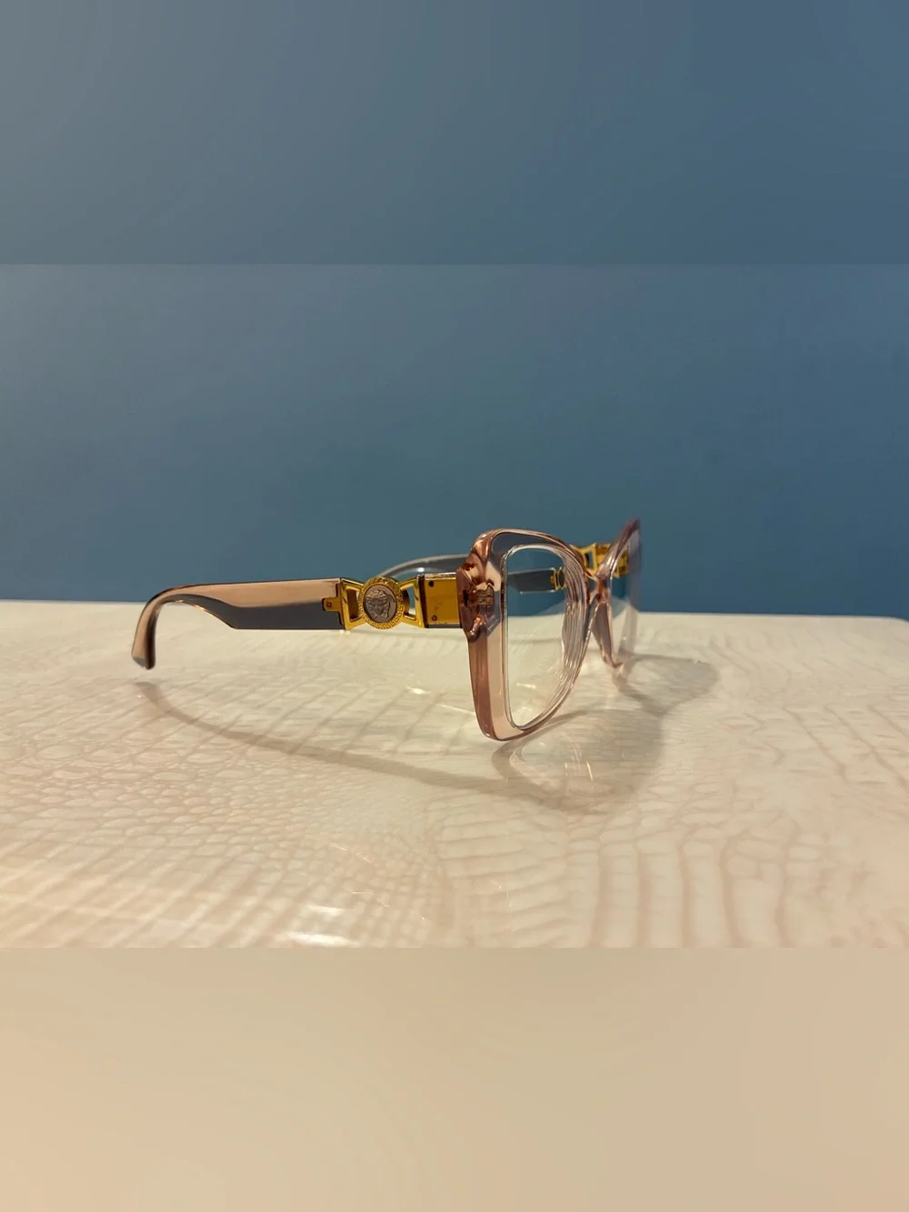 Versace Pink Transparent Square Glasses with Gold Trim
